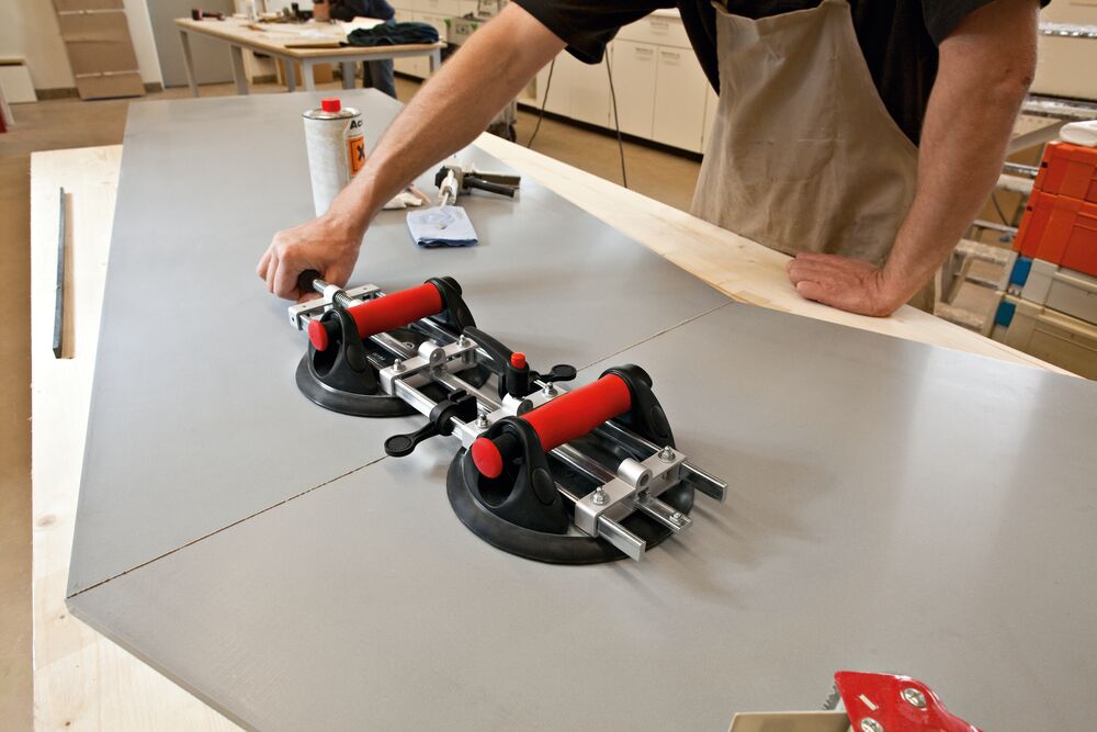 PS130 plate clamp pulls two Corian plates together
